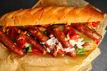 sausage hot dog, bun, greens, sauce fast food delicious food dish Fresh delicious gourmet food background on the table rustic food top view copy space