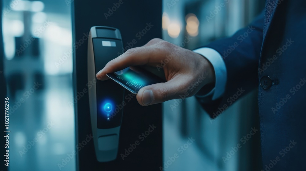 Poster person’s hand using a smartphone to interact with a digital security keypad on a wall