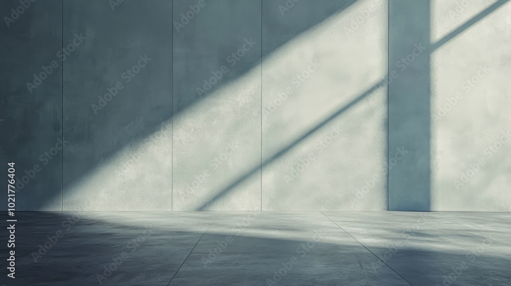 Poster spacious empty room with concrete walls and floor, illuminated by natural light casting diagonal sha