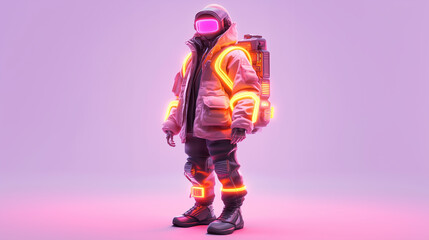 A futuristic figure in a white puffy jacket with glowing accents stands on a purple background.