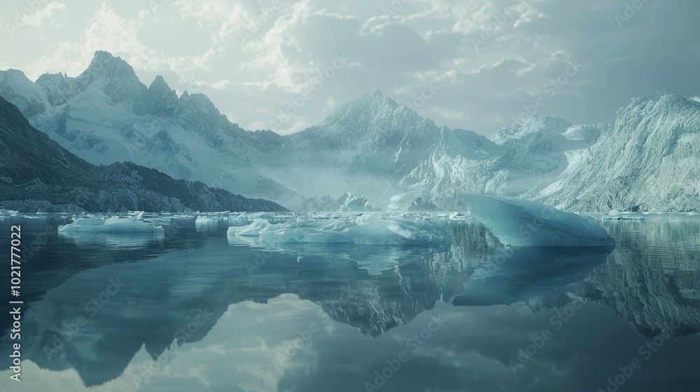 Poster floating icebergs in a serene glacial lake with majestic mountains in the background generative ai