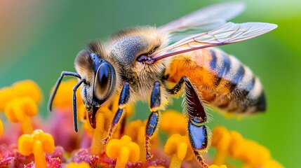 Fototapeta premium Honey Bee Collecting Nectar from a Flower in Macro Detail for Nature and Wildlife Photography Generative AI