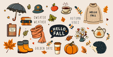 Cute autumn scrapbook bundle, cozy fall icons or stickers with sweater and leaves. Pumpkin,  tea cup and kettle vector set
