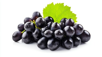 Fototapeta premium Black grapes with a leaf isolated on a white background. The image has a clipping path, making it easy to remove the background and use the grapes in other designs.