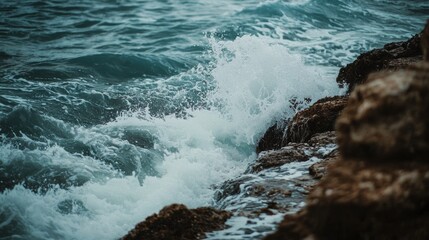Fototapeta premium Waves Crashing Against Rocky Shore at Long Exposure Generative AI