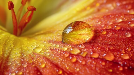 Macro Shot of a Water Droplet on a Vibrant Flower Petal Generative AI