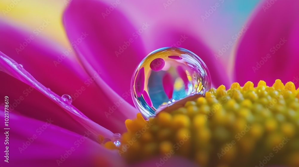 Poster macro shot of a water droplet refracting a floral image, abstract background for creative projects g