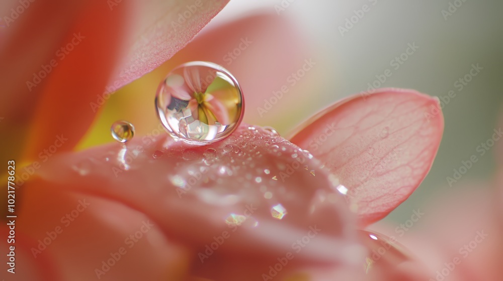 Poster macro shot of a water droplet refracting a floral image, abstract background for creative projects g