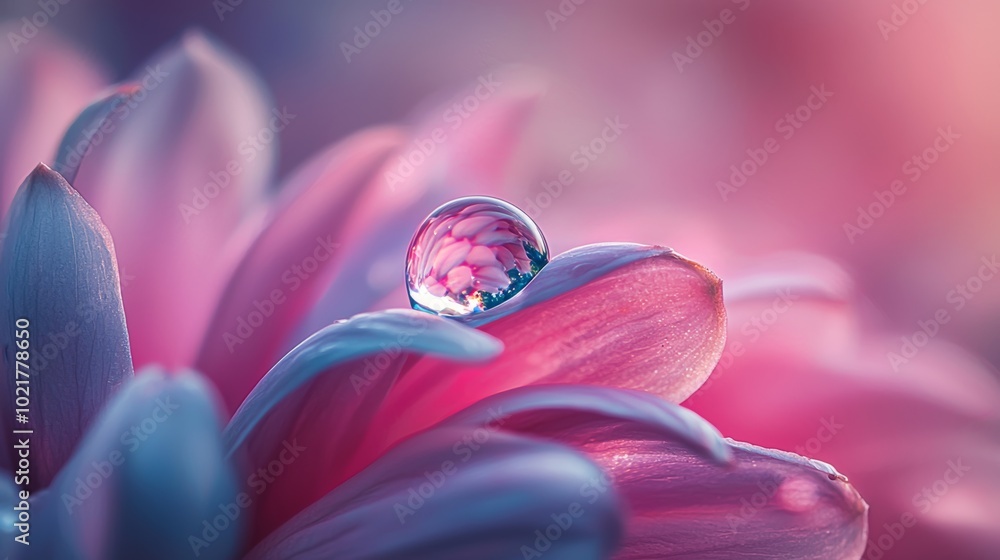 Poster macro shot of a water droplet refracting a floral image, abstract background for creative projects g