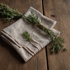Bundle of fresh rosemary sprigs on linen napkin on rustic wooden table