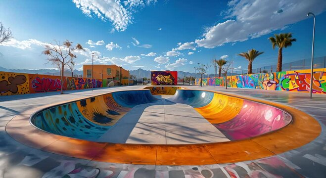 Colorful Skatepark with Graffiti Walls Under Blue Sky