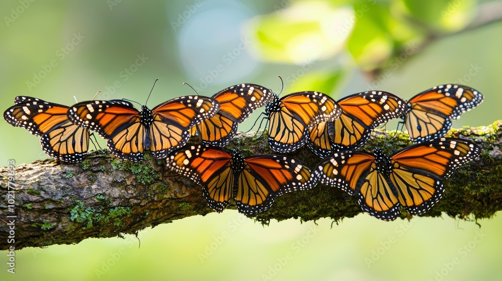 Poster monarch butterflies clustering on a tree branch during migration generative ai