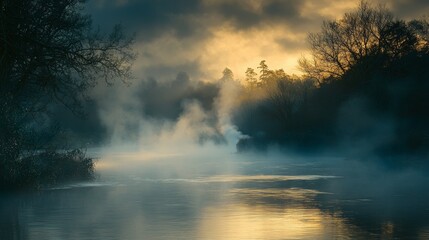 Misty River at Dawn with Steam Rising from the Surface Generative AI