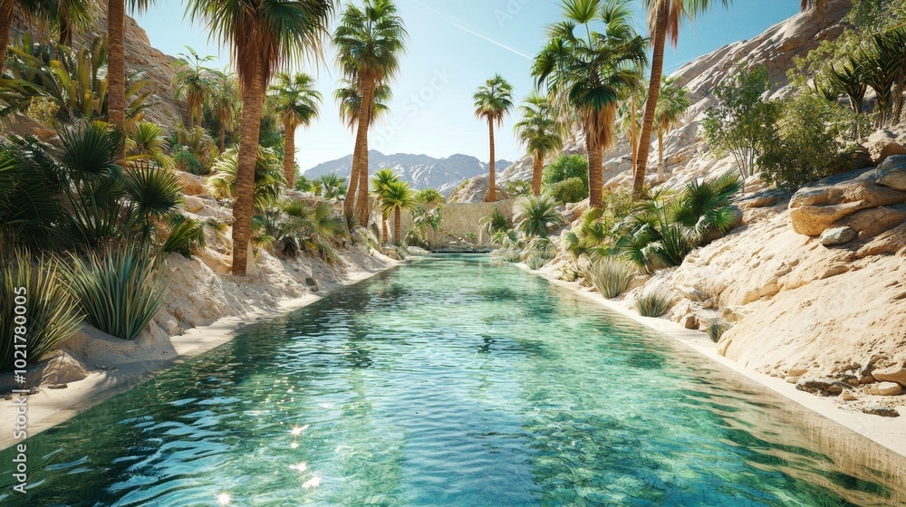 Poster serenity in the desert: oasis with palm trees and a clear pool generative ai