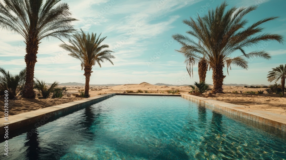 Aufkleber serenity in the desert: oasis with palm trees and a clear pool generative ai