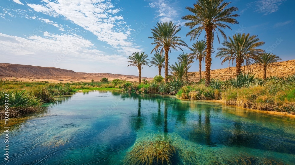 Poster serenity in the desert: oasis with palm trees and a clear pool generative ai