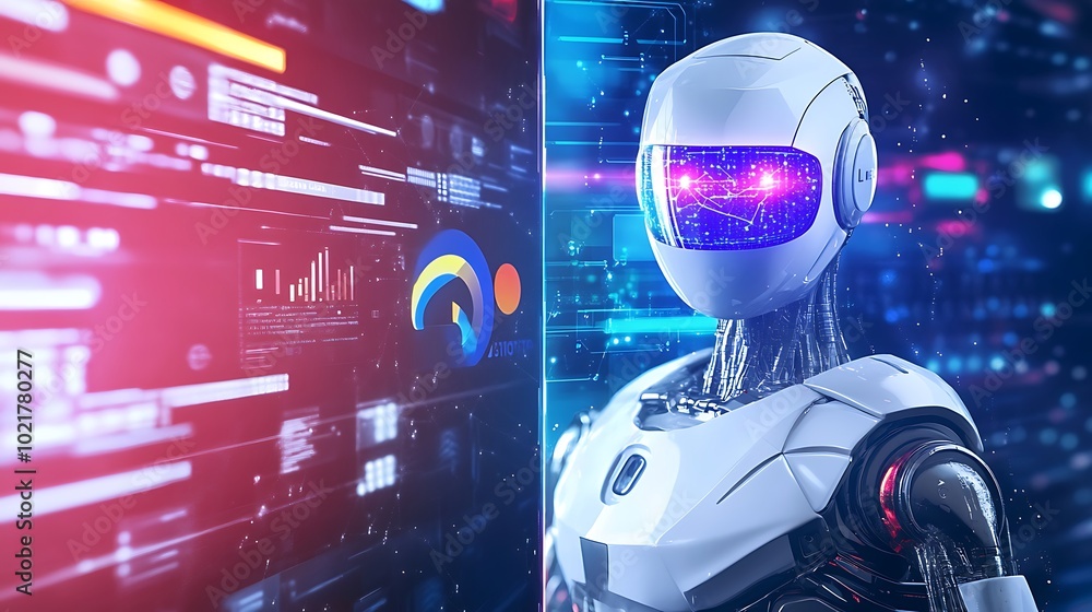 Poster futuristic ai robot analyzing data on digital screen, artificial intelligence concept