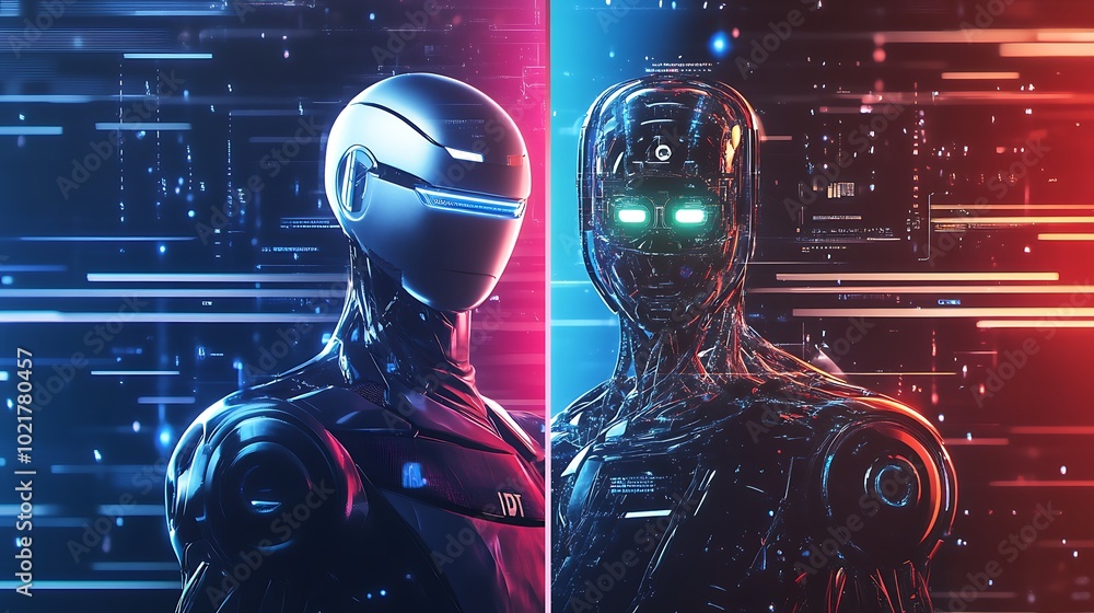 Poster futuristic robots facing each other in a digital world