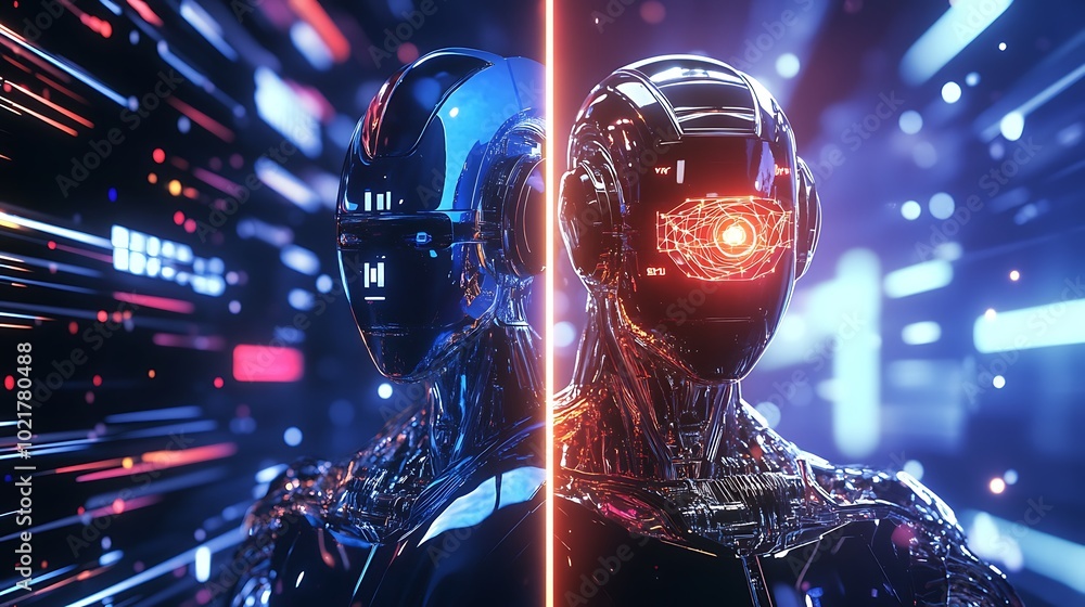 Poster two robots with glowing red eyes standing side by side in futuristic cyberspace. concept of artifici