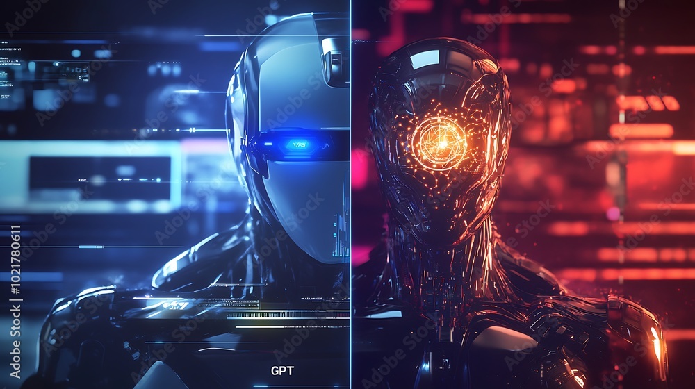 Aufkleber dualistic ai, two robots with opposite aesthetics, representing different ai capabilities