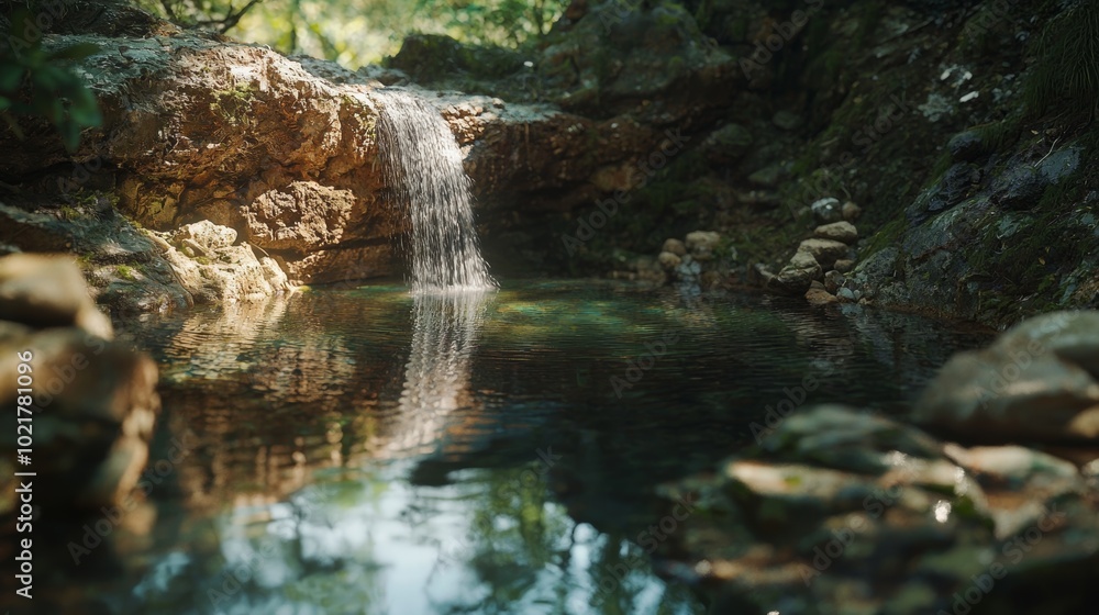 Poster serene forest pool with waterfall reflection for nature escapes generative ai