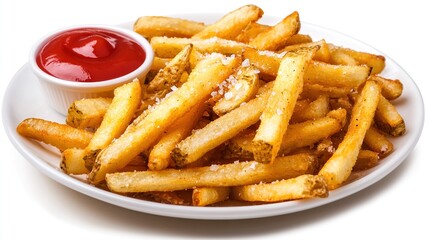   French fries & ketchup on white plate; red dipping sauce alongside