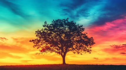 Fototapeta premium Serene Landscape of a Tree Silhouetted Against a Vibrant Sunset Sky Generative AI