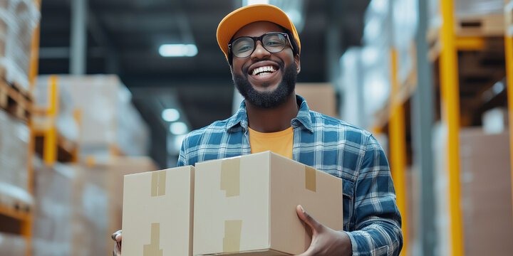 A warehouse worker smiling and holding boxes in a bustling storage facility, showcasing logistics and teamwork