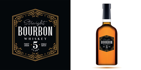 Whiskey Bourbon label logo emblem with ornate golden borders. Whiskey bottle realistic mockup. Vector illustration.