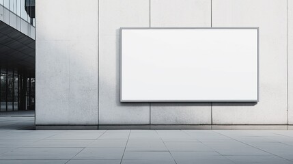 A blank billboard mounted on a rough concrete wall with a modern building visible in the background, ideal for advertising space.