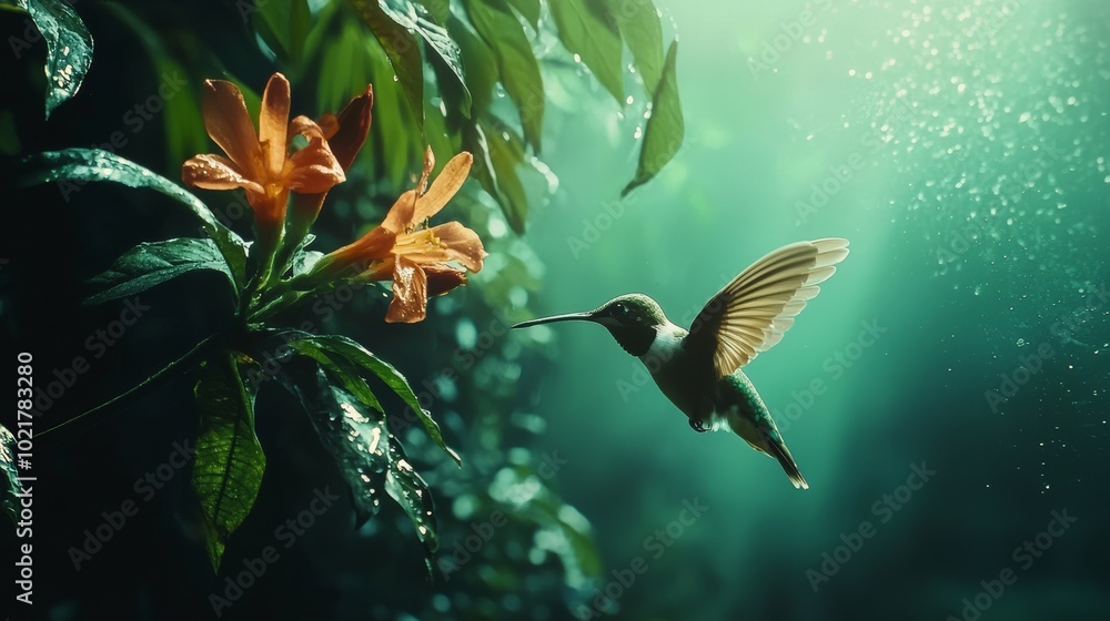 Poster hummingbird hovering near a flower in slow motion generative ai