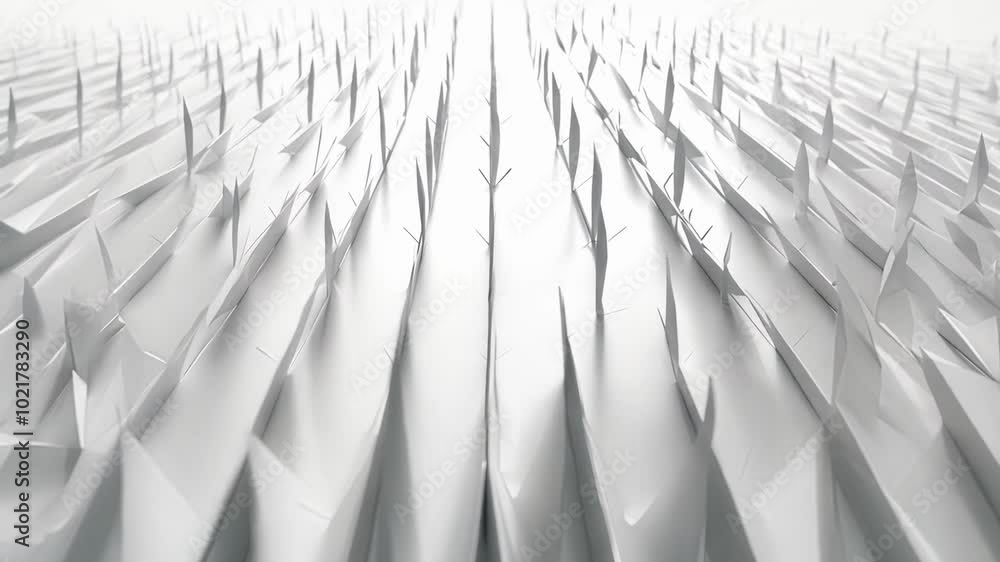 Poster white spiky shapes are forming a futuristic abstract background with a vanishing point in the distan