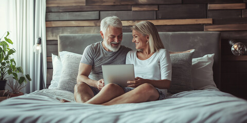 Smiling senior couple sitting on bed together, using a tablet device in a cozy bedroom setting