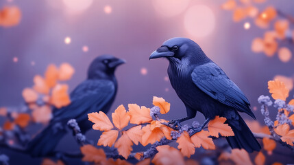 Obraz premium Two black crows perched on a branch with orange leaves against a purple background.