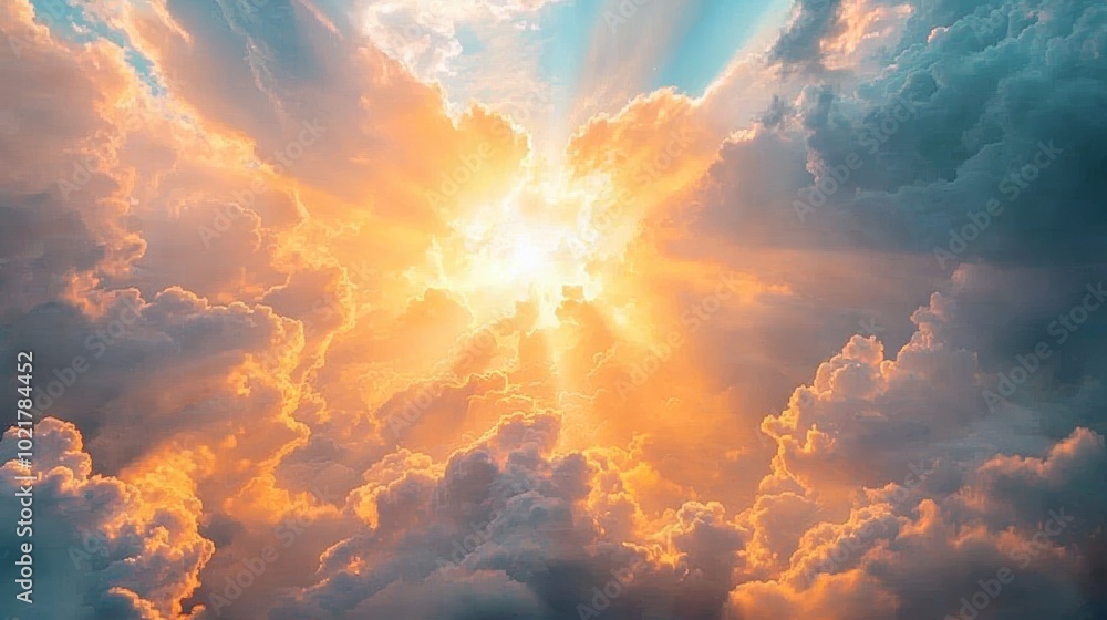 Poster sun rays breaking through clouds creating a heavenly effect for a serene landscape or spiritual back