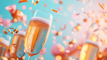 A glass of champagne with bubbles, surrounded by confetti and a light blue background.