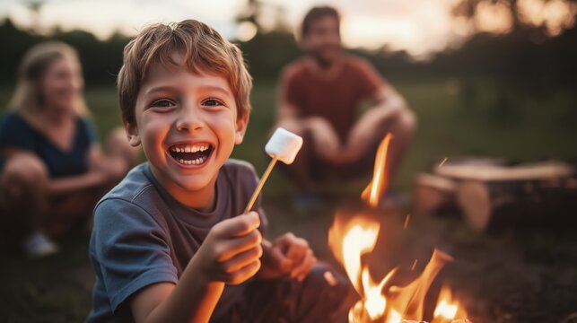 Joyful young boy roasting marshmallows over a bright campfire surrounded by his loving family in a beautiful outdoor setting - Powered by Adobe