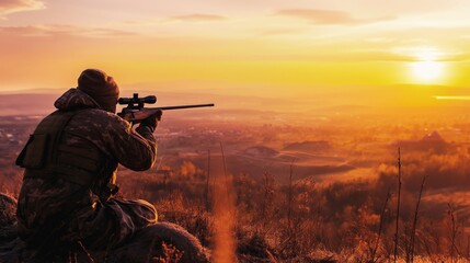 Hunter Aiming His Rifle at Sunrise in the Mountains, Silhouette Against a Colorful Sky at Dawn.