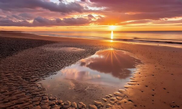 A breathtaking winter solstice sunrise over Hastings Beach in East Sussex with warm light on wet sands