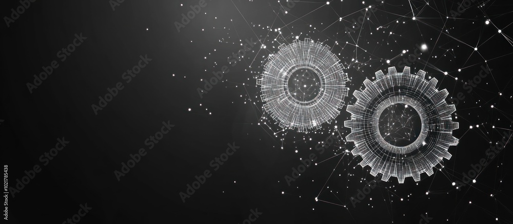 Poster abstract image of two gears in the form of a starry sky or space, consisting of points, lines, and s