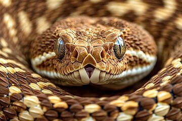 Obraz premium Brown snake coiled, staring ahead with tongue out, showcasing intricate scales and mesmerizing eyes, exuding danger and fear in the wild