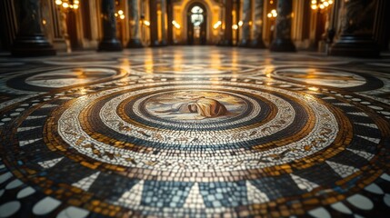 A detailed close-up shot of a circular mosaic floor in a grand hall with intricate designs and a central image of a reclining lion.