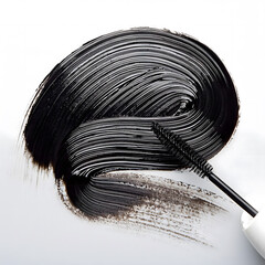 A close-up of a mascara brush with a thick coating of black mascara, isolated on a white