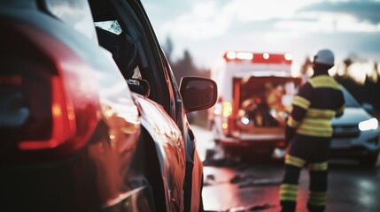 Serious car accident on a busy road involving multiple vehicles with ambulance and emergency services on the scene