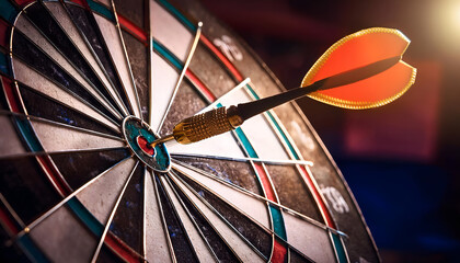 A close-up of a stylized dartboard with an arrow in the bullseye, symbolizing achieving business goals and winning strategies