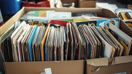 A large cardboard box overflowing with a colorful collection of old vinyl records showcasing vibrant album covers and designs