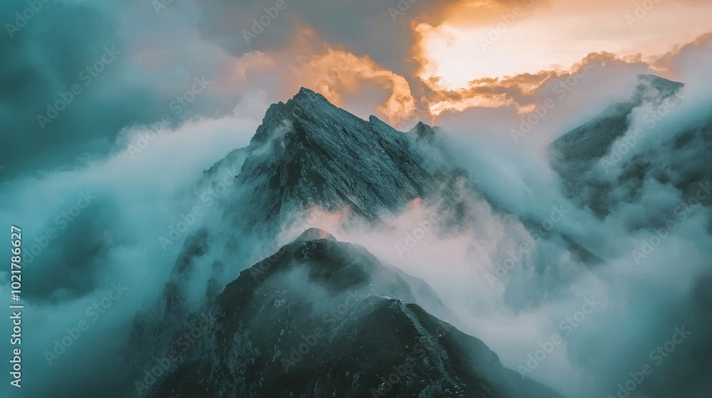 Poster timelapse of clouds swirling around a mountain peak for nature and weather concepts generative ai