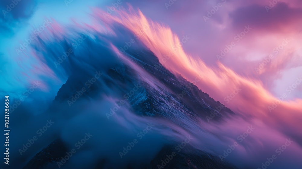 Poster timelapse of clouds swirling around a mountain summit generative ai