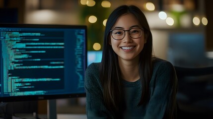 A young woman in glasses smiles at the camera while sitting near her computer, surrounded by monitors displaying code and data