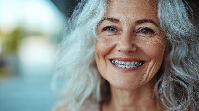 High-resolution close-up portrait of an elderly woman smiling, showcasing orthodontic gray metal braces on her teeth with beautiful white hair and clean background